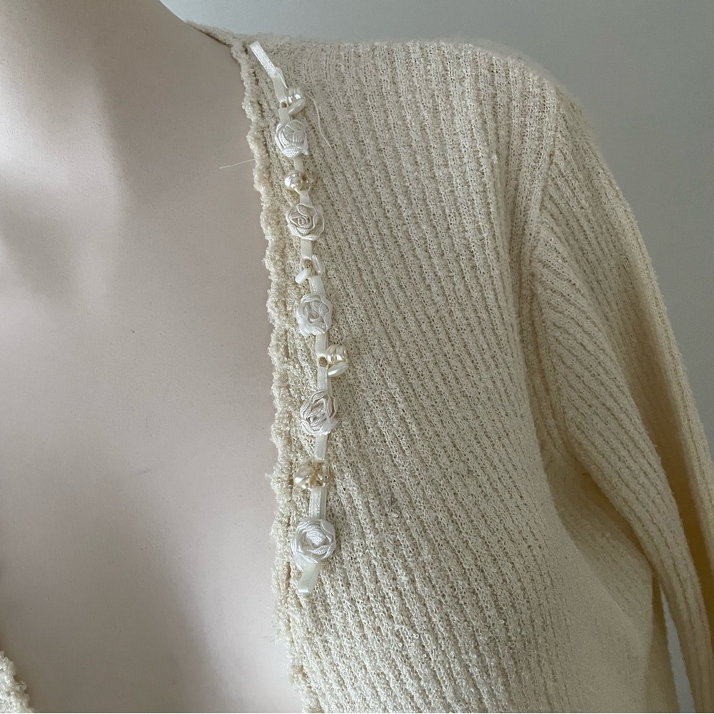 Vintage April Cornell Open Embellished Beaded Faux Pearl Knit Cardigan Granny - Picture 3 of 10